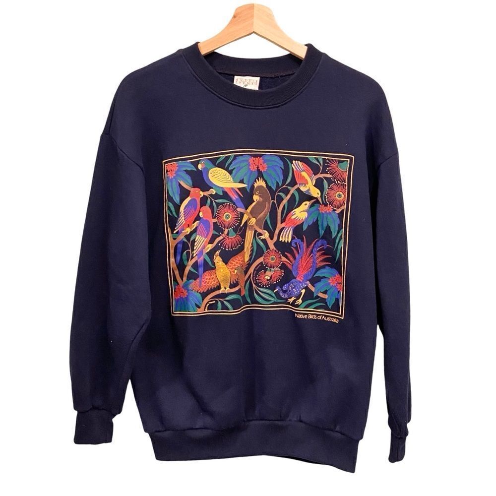Vintage Aussie Theme Birds of Australia in Navy Blue Sweatshirt in Size Medium